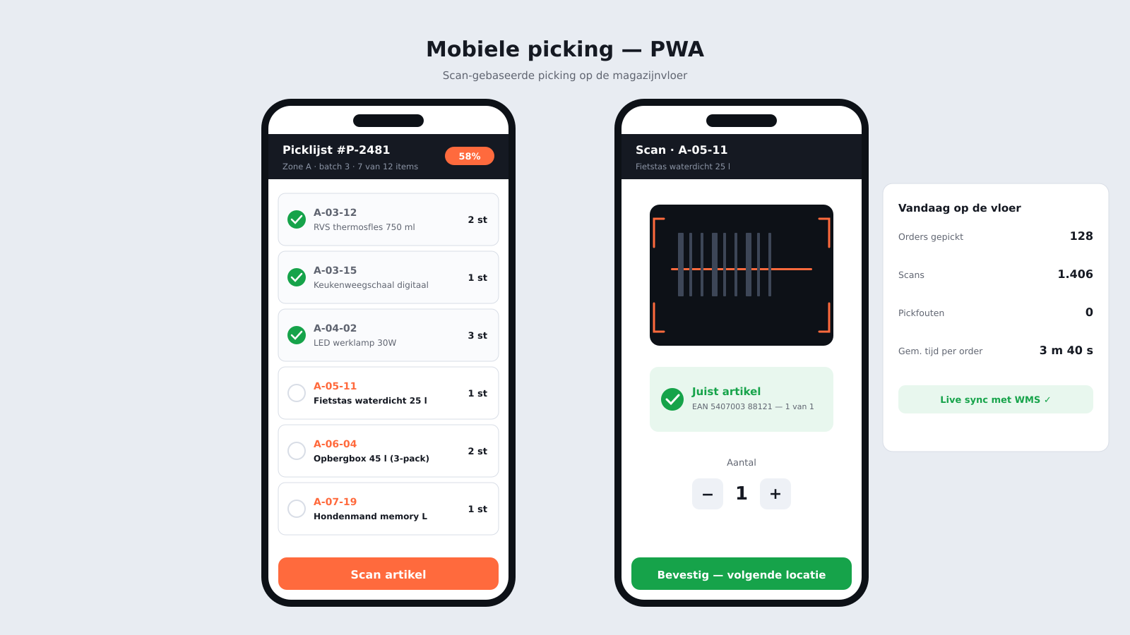 Schermbeeld van Mobiele picking-app (PWA)